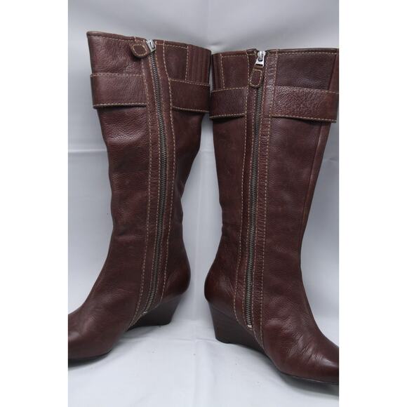 Fossil Maddox Boots Womens 7.5 Buckle Wedge Tall Zip Brown Pebble Grain Leather - Picture 6 of 8